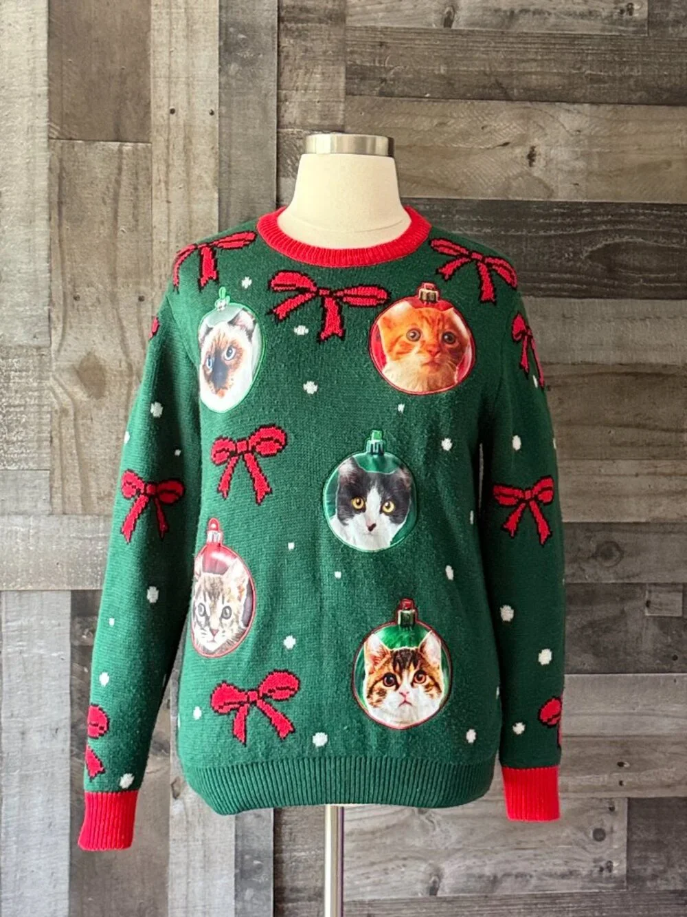 Green ugly Christmas sweater large cats ornaments holiday party girlhoodcore